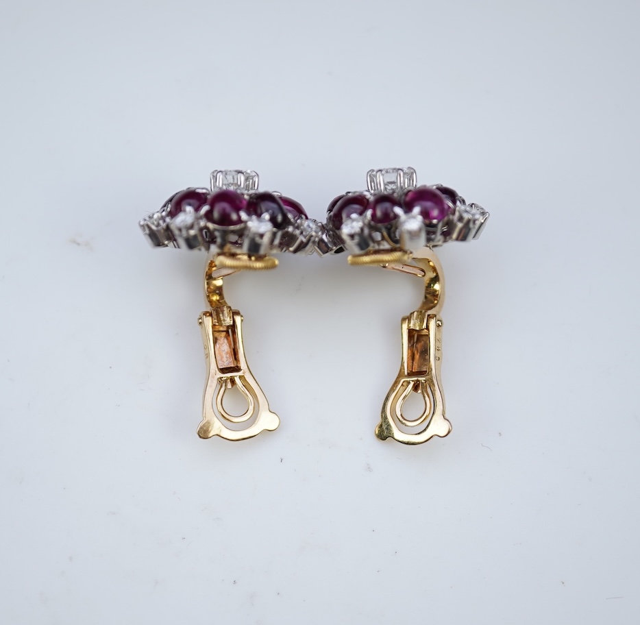A pair of ruby and diamond ear clips, mid 20th century